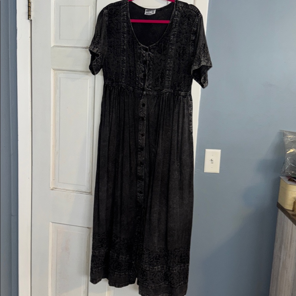 EUC French Gear Black mineral wash embroidered Button-Down Dress